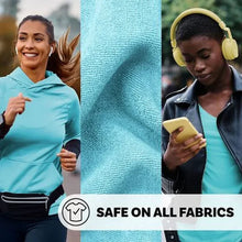 Safe on all fabrics badge with teal fabric shown on people