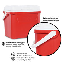 Red ice chest cooler with swing-up side handle and closed white lid, angled view