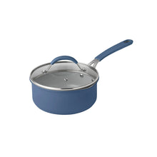 Blue ceramic saucepan with stainless steel lid and side handle