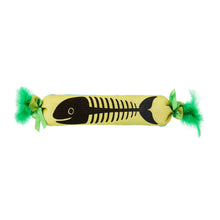Plush fish bone kicker toy with lime-green ends, ribbon bows, and black fish-bone print