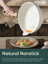 White nonstick saucepan with wooden handle, holding a fried egg