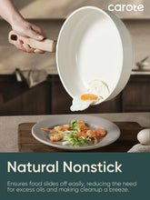 White frying pan tilting to pour eggs, with wooden handle and nonstick surface