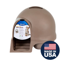 Enclosed cat litter box with dome hood and steps, front view with product label