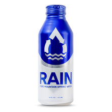 RAIN spring water in a blue and silver aluminum bottle, 16 fl oz