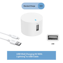 White USB-A wall charger kit with Lightning-to-USB cable and charging port shown.