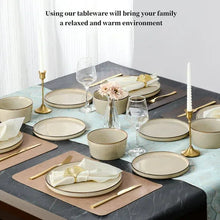 Gold-rim cream ceramic dinnerware set with plates and bowls