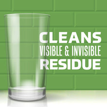 Cleanser glass tumbler for dishwasher rinse concept, white residue graphic