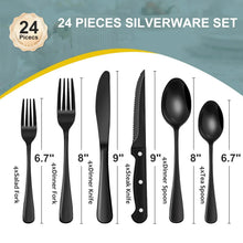 Black stainless steel 24-piece silverware set: forks, steak knives, spoons