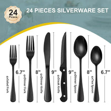 Black stainless steel 24-piece cutlery set with utensil size markings