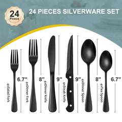 Bluebow Black Silverware Set with Steak Knives, Flatware Cutlery Set for 4, Food-Grade Stainless Steel Kitchen Tableware Set
