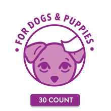 Dog ear wipes 30 count badge with purple dog face icon.