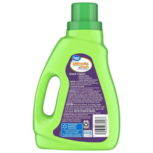 Lime-green laundry detergent bottle with back label and 32 loads badge