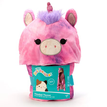 Pink plush hooded throw blanket with unicorn-like hood tuft, ears, and snout face