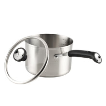 Stainless steel saucepan with glass lid and black side handles