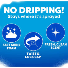 No-drip foam glass cleaner label with icons and twist & lock cap graphic