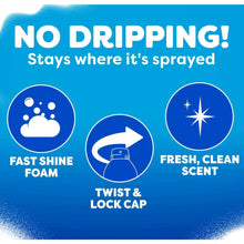 Windex Fast Shine Foam glass cleaner aerosol label with red cap and no-drip spray message.