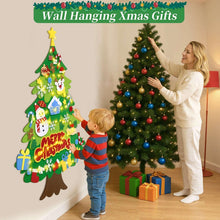 Felt Christmas tree wall hanging with glowing lights, house and snowman ornaments
