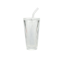Ribbed clear glass tumbler with glass lid and clear straw.