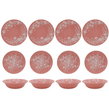 Pink floral 12-piece dinnerware set with 4 plates and 8 bowls