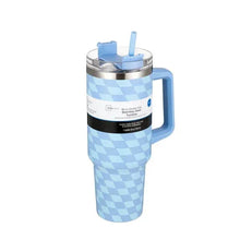 Blue diamond-pattern double-wall tumbler with clear lid, straw, and handle