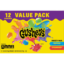 Gushers value pack 12 pouches label with tropical and strawberry variety