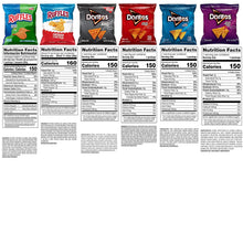 Assorted chip bags displaying Nutrition Facts panels and serving info