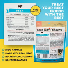 Beef bone broth dog biscuit product label panel on a pouch