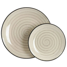 Cream stoneware dinnerware set: two plates with concentric swirl pattern and speckling