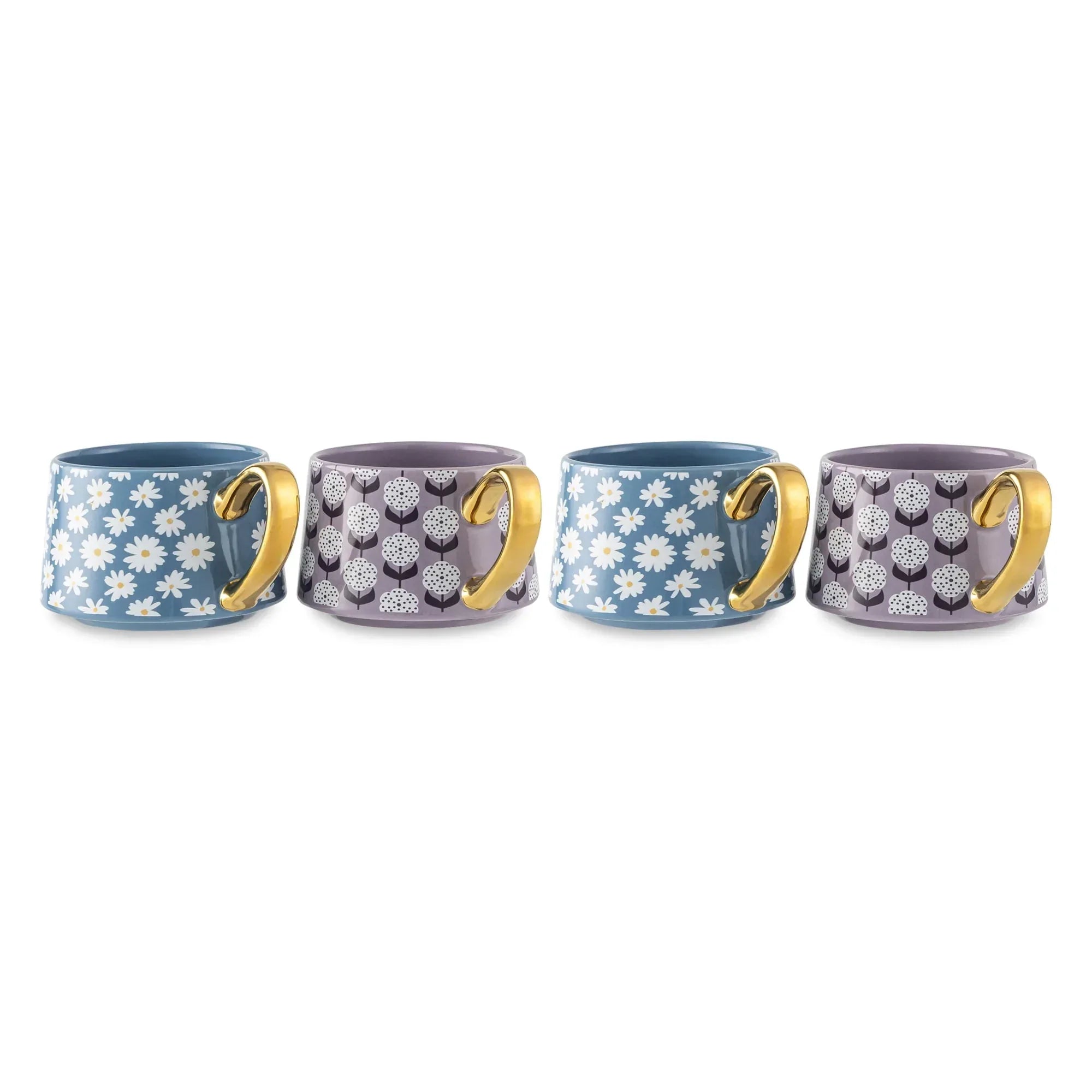 Thyme & Table 4 Pack Blue and Purple Daisy Print Teacup Mugs with Gold Handles 11.8 fl oz, Stoneware