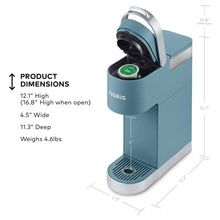 Evening teal single-serve coffee maker shown at an angle with open lid