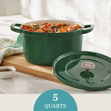 Dark green enamel cast iron Dutch oven with lid and side handles, 5-quart capacity