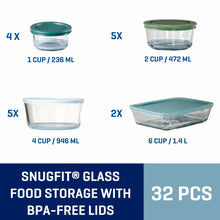 Glass food storage containers size chart with teal lids, 32 pcs
