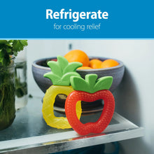 Water-filled baby teether, red apple and yellow pineapple shapes for refrigerating