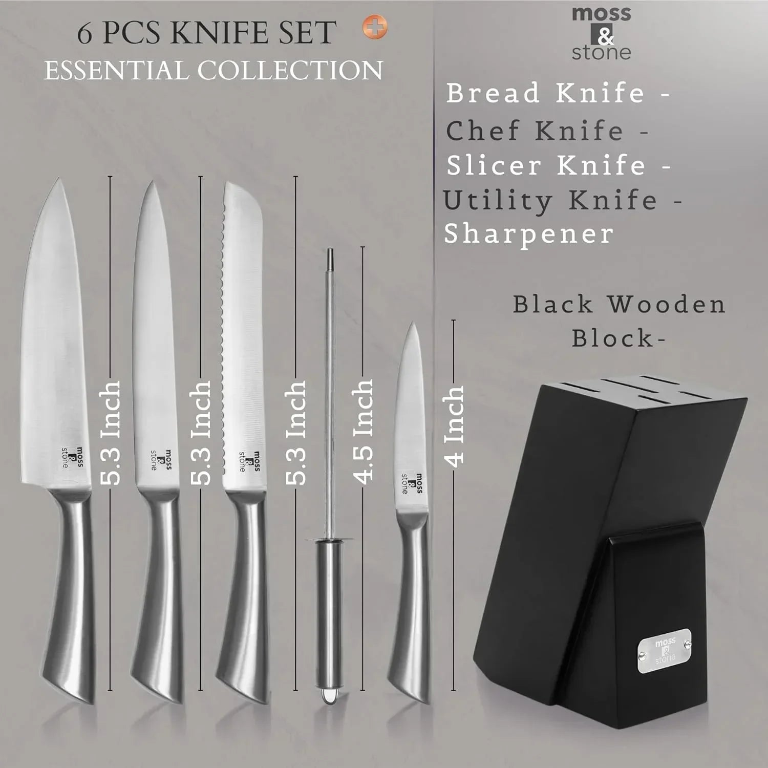 Moss & Stone Professional Kitchen Knife Chef Set, Small Knife Set With Block, Black Titanium Plated Kitchen Knife Set, Stainless Steel Scratch Resistant & Rust Proof Sharp Kitchen Knives. - USA MEGA SHOP
