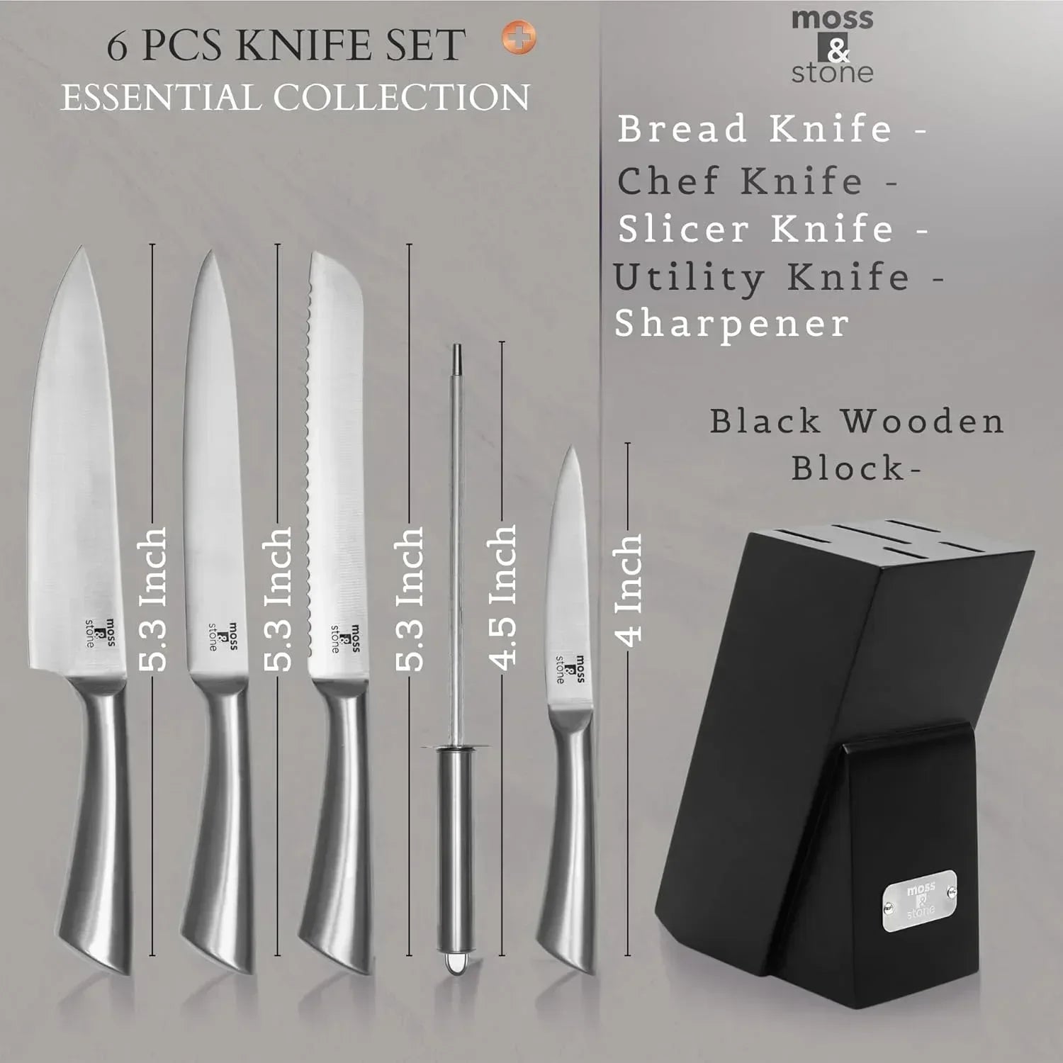 Moss & Stone Professional Kitchen Knife Chef Set, Small Knife Set With Block, Black Titanium Plated Kitchen Knife Set, Stainless Steel Scratch Resistant & Rust Proof Sharp Kitchen Knives.