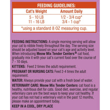 Feeding guidelines panel on a Tender Centers dry cat food bag