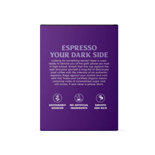 Espresso roast coffee pod box back panel with smooth and rich highlights