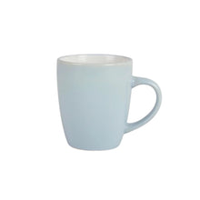 Light blue coupe mug with curved handle, glossy ceramic
