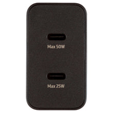 Black Samsung duo power adapter front with two USB-C ports, Max 50W/25W
