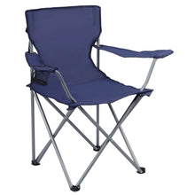 Folding camp chair front three-quarter view with dark blue cushion and side cup holder
