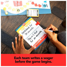 Players holding “kids wager” cards over a game board
