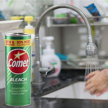 Comet bleach cleaning powder can, green label with Removes Tough Stains text