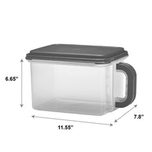Clear plastic canister with gray lid and side handle, 11.55 x 7.8 x 6.65 in