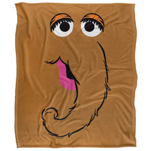 Tan throw blanket with Snuffleupagus face design, square folded view