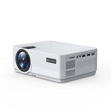 White mini projector angled view with ventilation ports and front lens