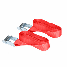 Two red cam buckle lashing straps with silver metal buckles, laid flat