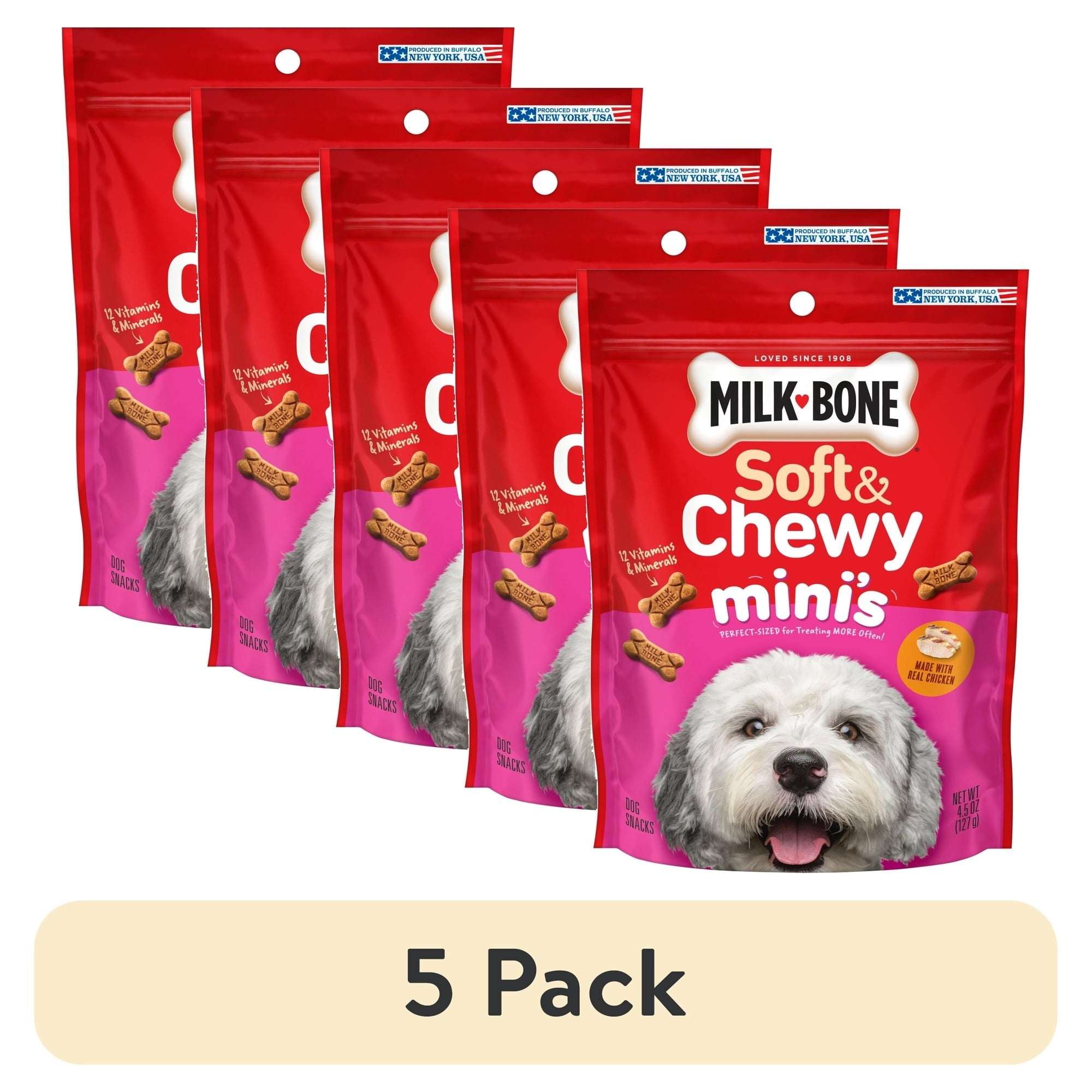 (5 pack) Milk Bone Soft & Chewy Mini’s Dog Treats, Made with Real Chicken, 4.5 oz Pouch
