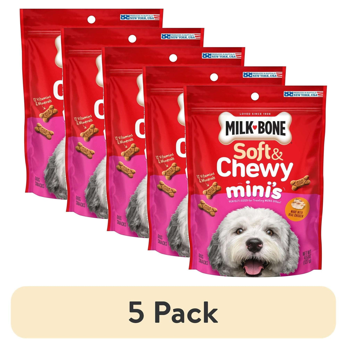 (5 pack) Milk Bone Soft & Chewy Mini’s Dog Treats, Made with Real Chicken, 4.5 oz Pouch