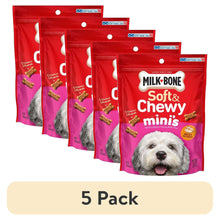5-pack Milk-Bone Soft & Chewy minis dog treat pouches, red and pink, with dog photo