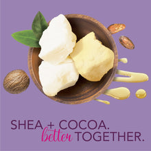 Shea butter and cocoa ingredients in a bowl with lotion-themed imagery